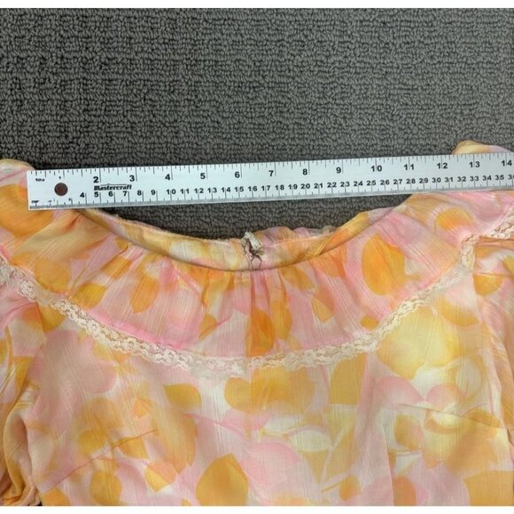 Vintage Handmade Dress Small Orange Floral Airy Cotton Fit Flare Puff Sleeve - Picture 3 of 10